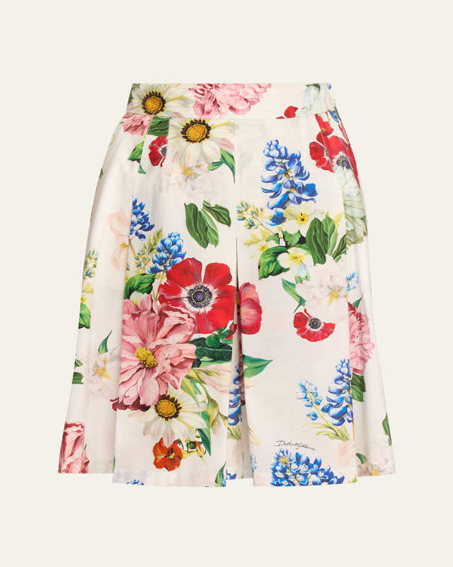 Floral Poplin Pleated Bermuda Shorts